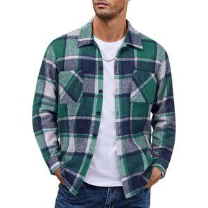 Men's Gray Green Flannel Shirts Casual Button Down Plaid Shirt with Pockets